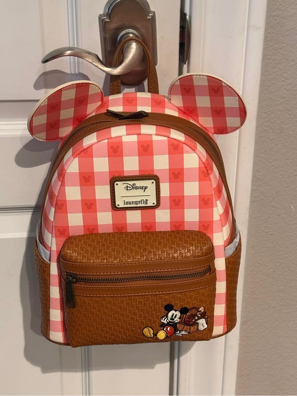 Loungefly Pink Gingham Mickey Ear Mini Backpack with Brown Accents